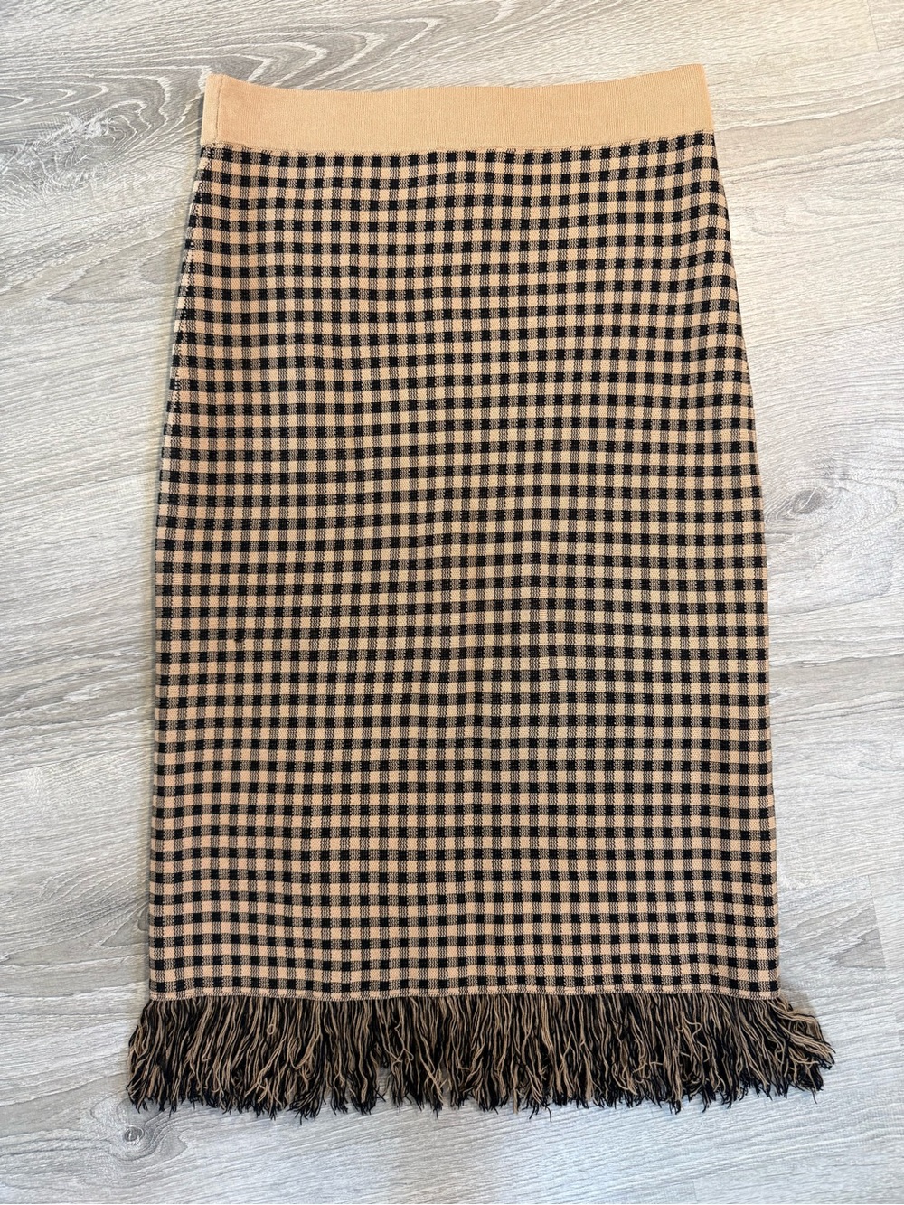 Nanette Lepore Tan and Black Checked Fringe Midi Skirt - Picture 3 of 7